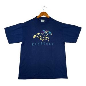 Vintage Kentucky Derby Shirt Men's Indy Hipster Blue Embroidered Jockey Horse L
